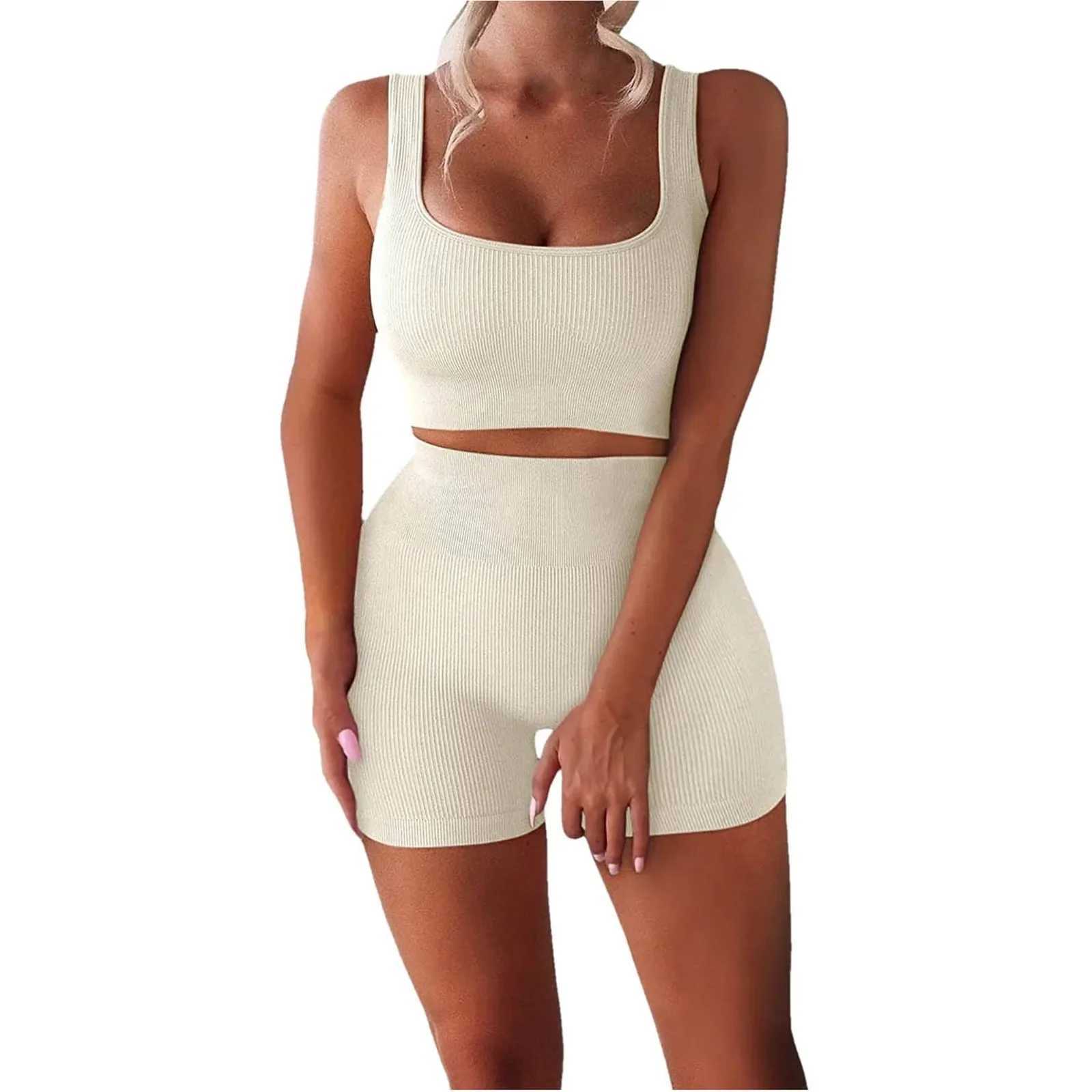 Womens Sexy Fitness U-Neck Vest Two-piece Set Ribbed Vest High Waist Shorts Yoga SuitXJ250109