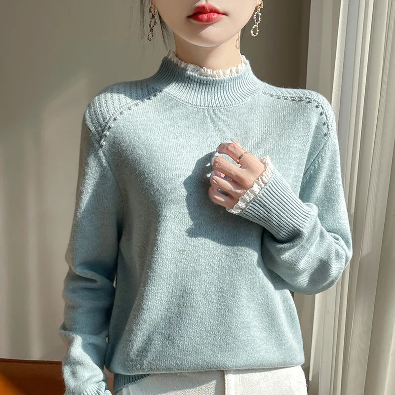 Women semi high neck sweater autumnwinter fine spun wool casual nail bead knitting Tops womens lace splicieng Blouse versatil 250108