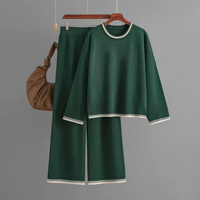 HELIAR Women Knit Sports 2 Piece Set Contrast Color ONeck Long Sleeve Autumn Pullovers High Waist Wide Leg Pants Casual Suit 250106