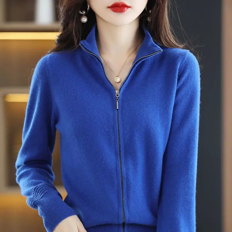 Spring Autumn Women Korean Fashion Simple Soft Cashmere Knitted Jacket Casual Solid Long Sleeve Zipper Sweater Cardigan 250108