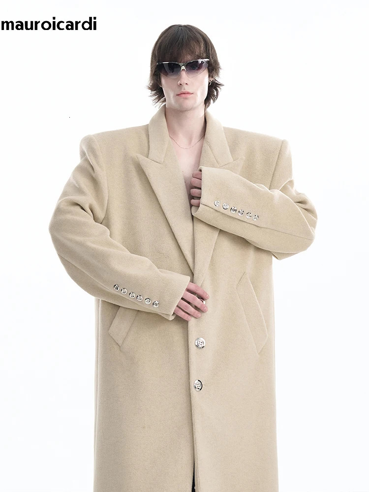 Mauroicardi Autumn Winter Oversized Long Warm Black Wool Blends Coat Men Floor Length Woolen Overcoat 2024 250106