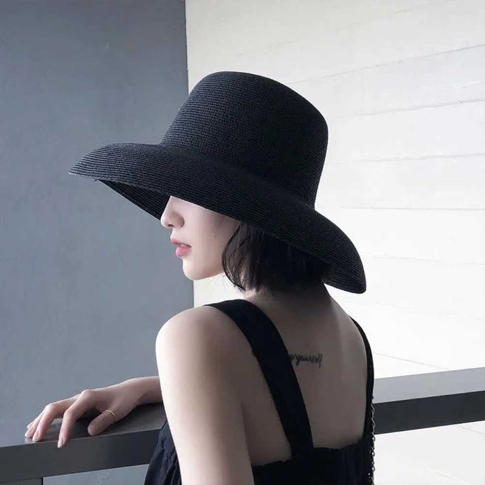 Summer Sun Hats Womens Solid Color Elegant Wide Brim Hat Fem Round Panama Cork Grass Hat Hepburn Beach Hat X250109