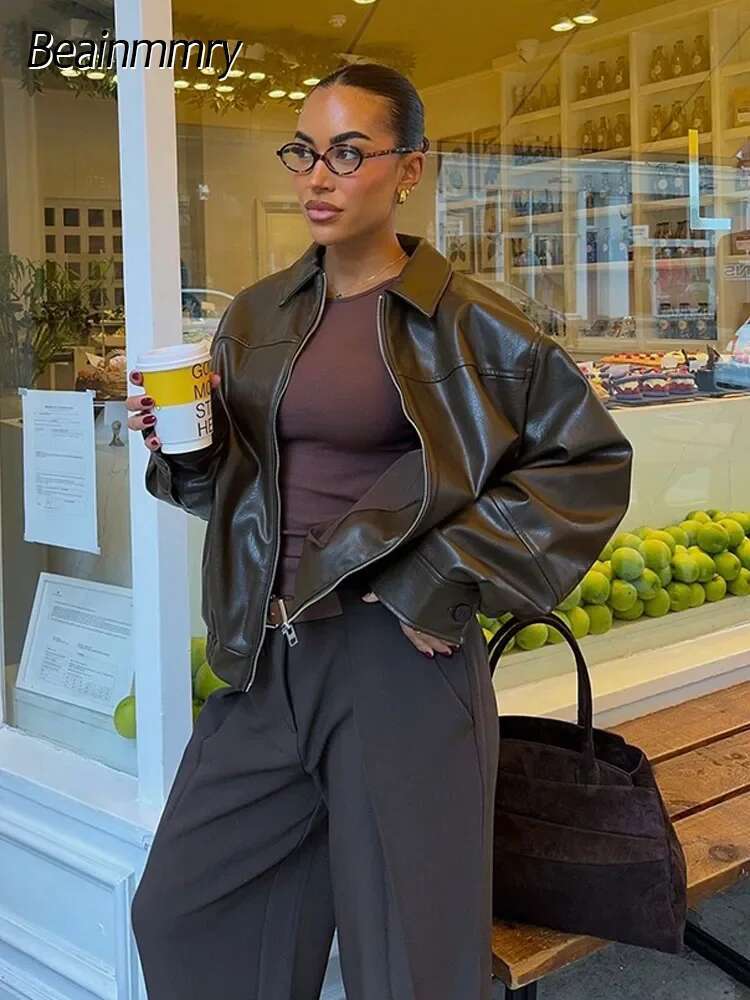 Vintage Chocolate Pu Leather Spring Jacket Women Fashion Zipper Long Seleeve Pocket Short Coat New Autumn Ladies High Streetwear