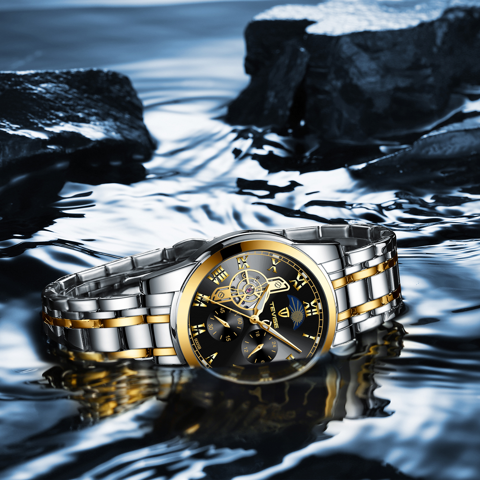 TEVISE Luxury Watches Automatic Multifunctional Mens Five-needle Mechanical Watch Popular and Fashionable Mens Watch Large Dial. T042-9005B
