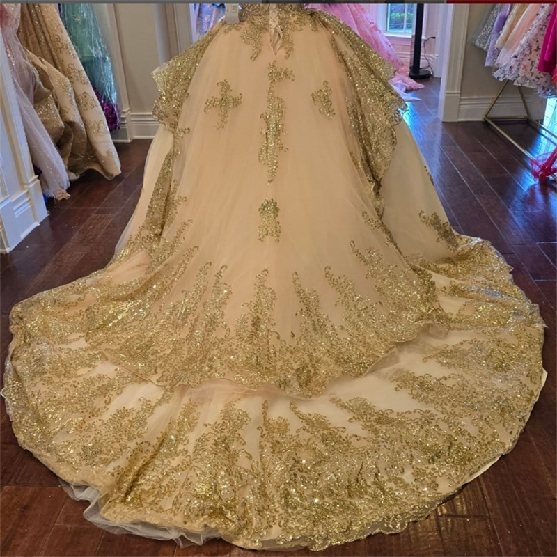 Glitter Beige Sequined Quinceanera Dresses 2025 Sparkly Cap Sleeve Ruffle Gold Applique Sweet 16 Dress Vestidos 15 Xv Anos De Gala Beaded Luxury Fifte