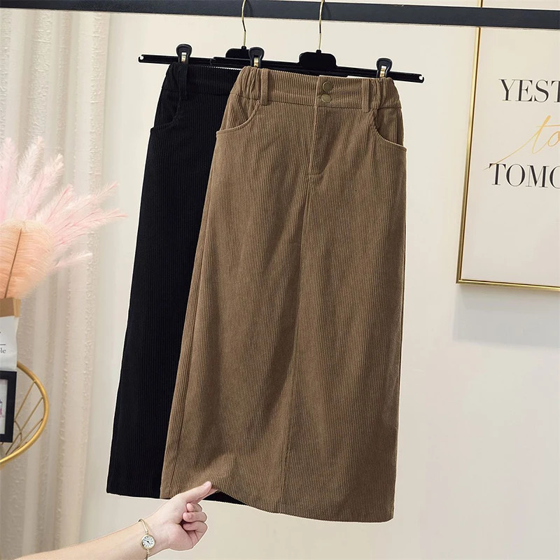 Korean Corduroy Skirts Women High Waist Pocket Autumn Winter Slim WrapAround Dress Elegant Fashion Casual Solid Lady Skirt 250106