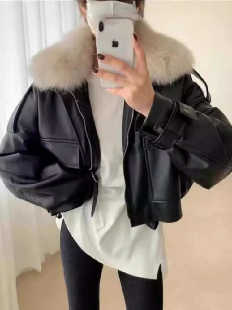 New Veet Thickened Leather Jacket Clothing Short Detachable Rabbit Fur Collar Warm Black Coats Women Tops Autumn/Winter