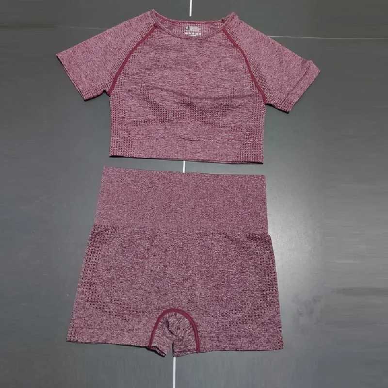 2Pcs/Set Women High Waist Seamless Yoga Set Gym Clothes Fitness Top Short Sleeve Shirt Shorts Sports Suits Athletic WearXJ250109