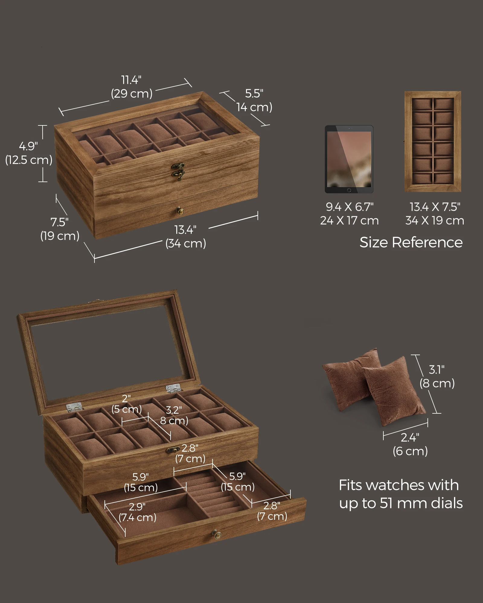 SONGMICS 12Slot Watch Box 2Tier Display Case with Large Glass Lid Removable Pillows Velvet Lining Jewelry 250109