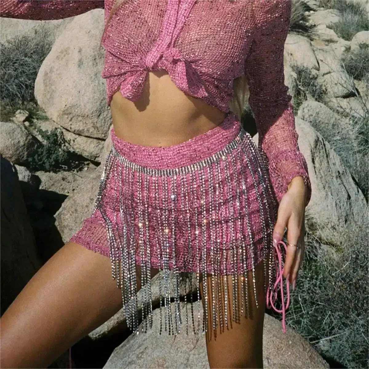 Party Silver Long Full Rhinestone Decor Tassel Waist Chain belt 250107