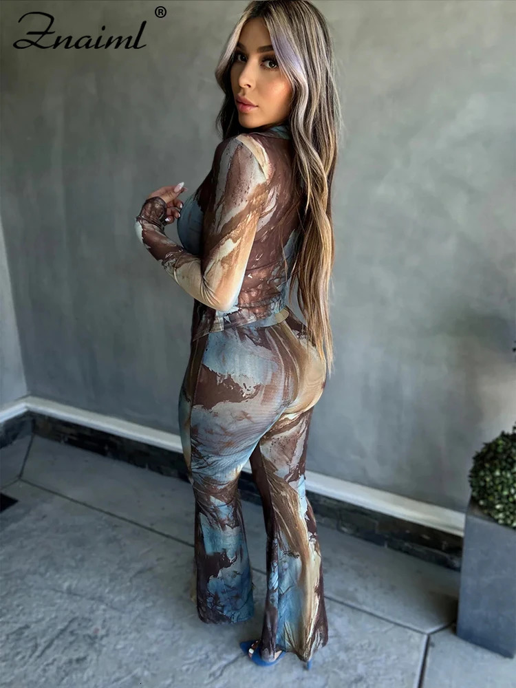 Znaiml Elegant Mesh Tie Tye Print Full Sleeve Single Breasted Shirts Tops and Flare Pants Two 2 Piece Matching Sets Women Outfit 250106
