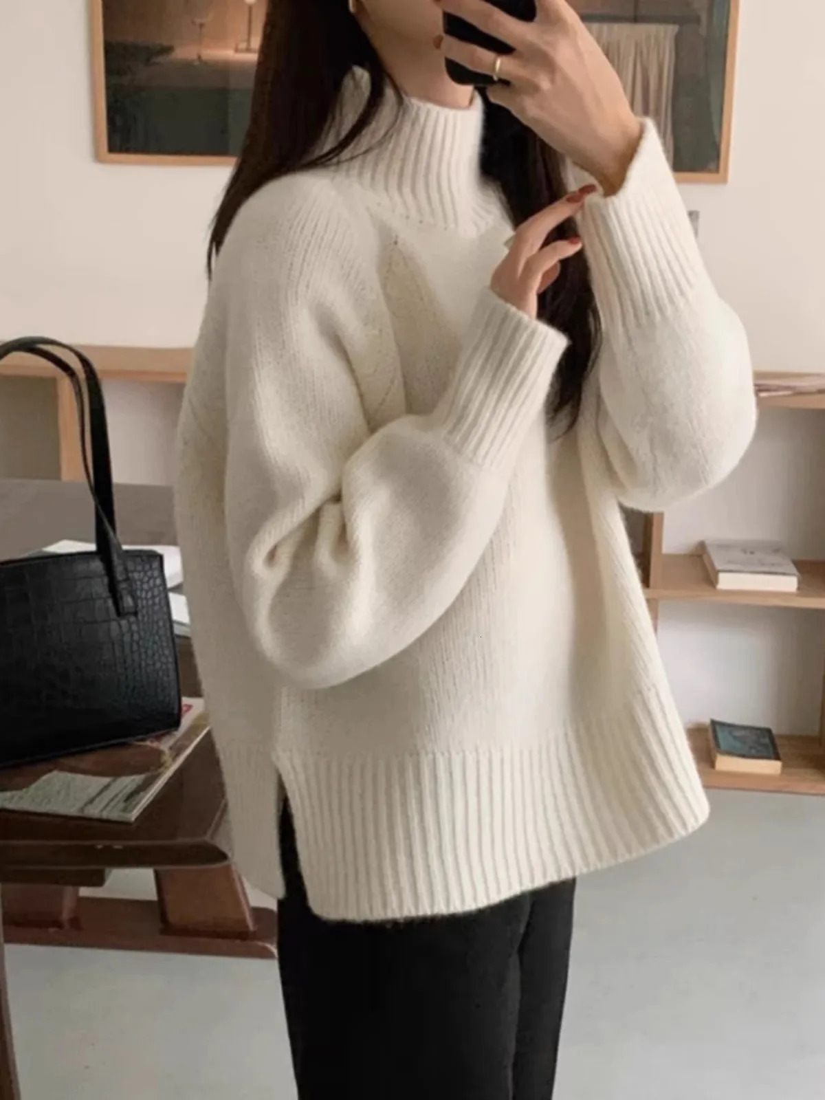 Euroamerican style autumn and winter turtleneck slit 100% pure cashmere sweater for women loose thick knit wool base 250108