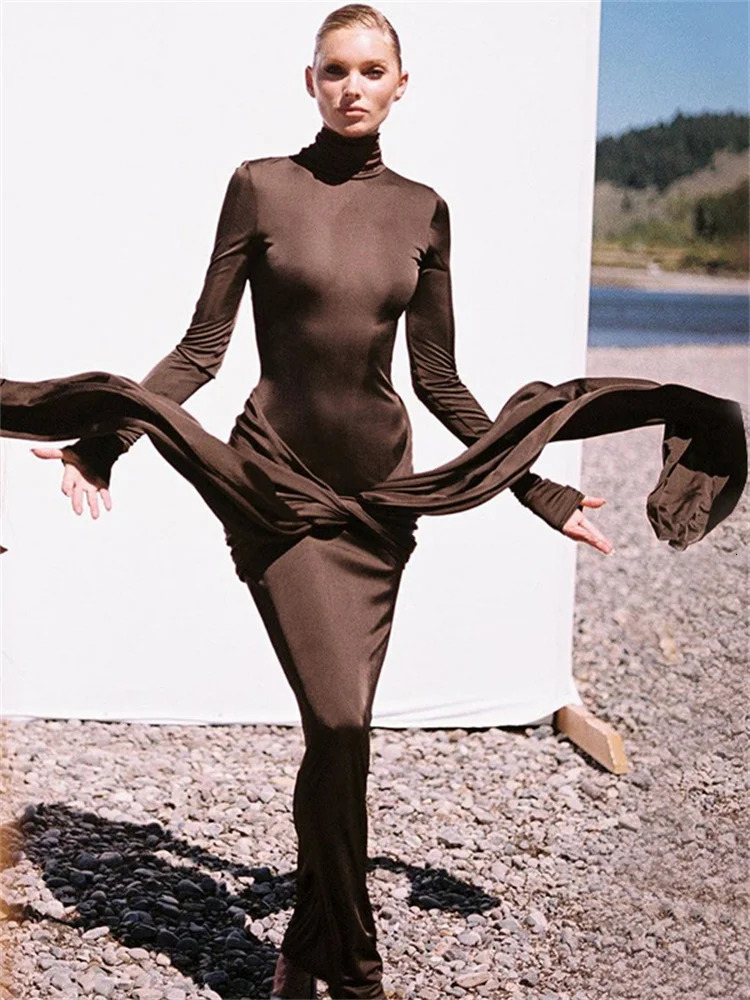 Tossy Fashion Bandage Spring Maxi Dress For Women Slim Pleated Long Sleeve Lace-Up Party Dress Ladies Solid Long Dress 250109