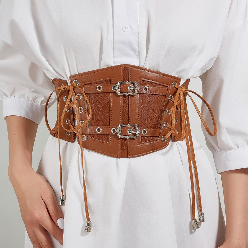 Ladies' Vintage Fashion Belt Wrap - Adjustable Lace Up Leather Bodice with Ornate Metal Buckles