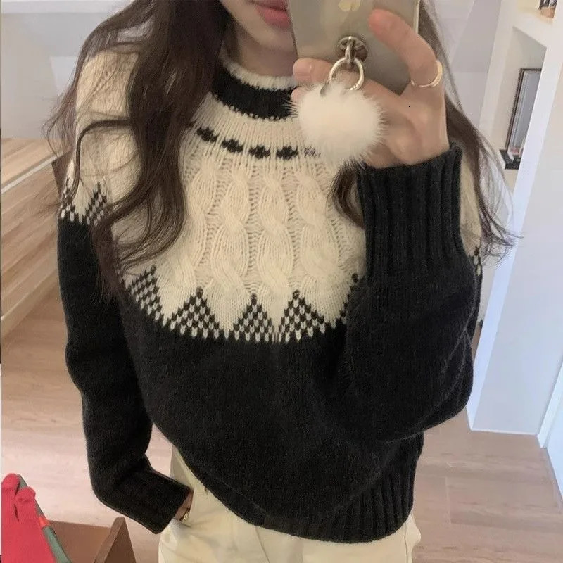 Women Autumn Winter Korean Fashion Patchwork Color Blocking Oneck Clothing Retro Pullover Sweater Long Sleeve Top 250108