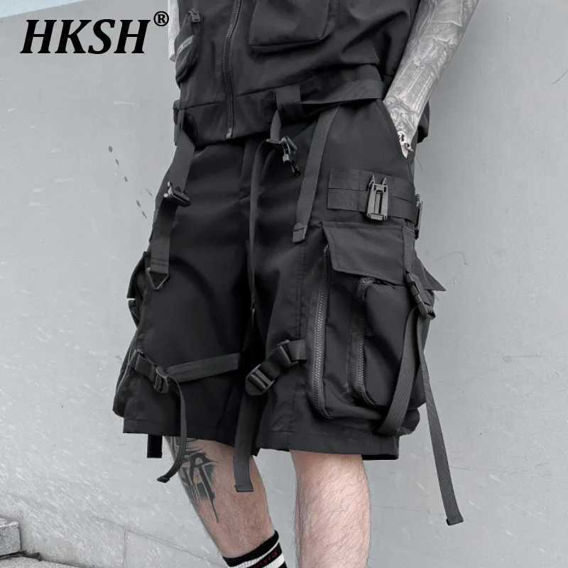 High Quality HKSH Summer Functional Tide Short Sleeve Mens Tide Tactical Dark Loose Techwear Straight Knee Pants Multi Pocket Hat HK0665 T250110