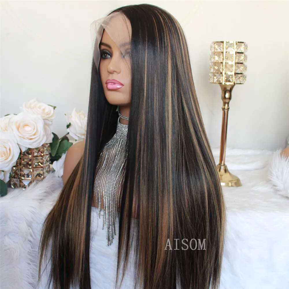 Highlight Honey Blonde Straight Synthetic Lace Front For Women Pre Plucked Transparent Colored Wig 13X4