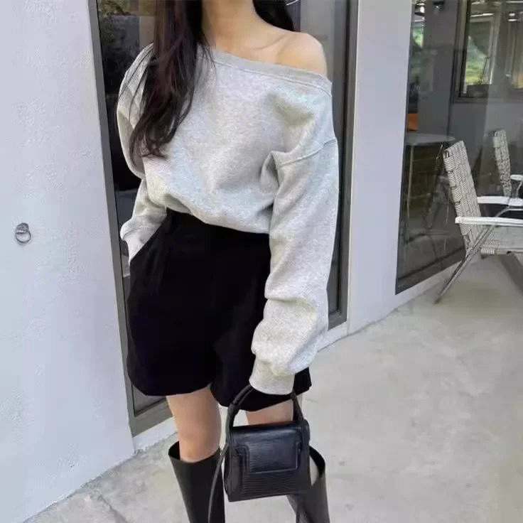 Elegant Womens Sweatshirt Spring Autumn Solid Color Off-the-shoulder Loose Fit Casual Versatile Cropped Long Sleeve Hoodies 250107