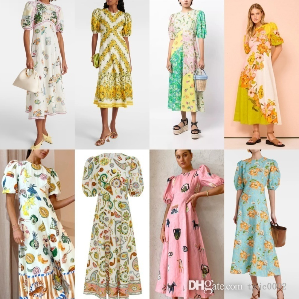 Women Dresses Designer 2025 New Printed Fashion Bubble Sleeves Versatile Slim Fit Dress 9 Colours