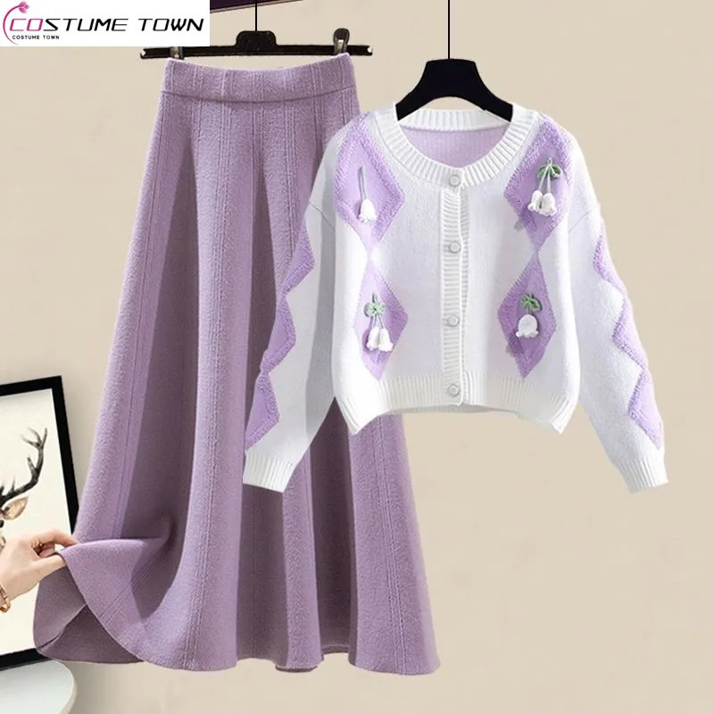 Oversized Womens Autumn Set Fashion Knitted Sweater Covering Flesh and Slim Skirt Two Piece 250106