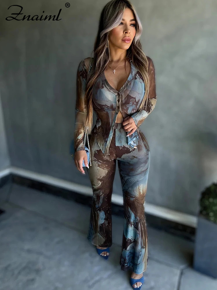 Znaiml Elegant Mesh Tie Tye Print Full Sleeve Single Breasted Shirts Tops and Flare Pants Two 2 Piece Matching Sets Women Outfit 250106