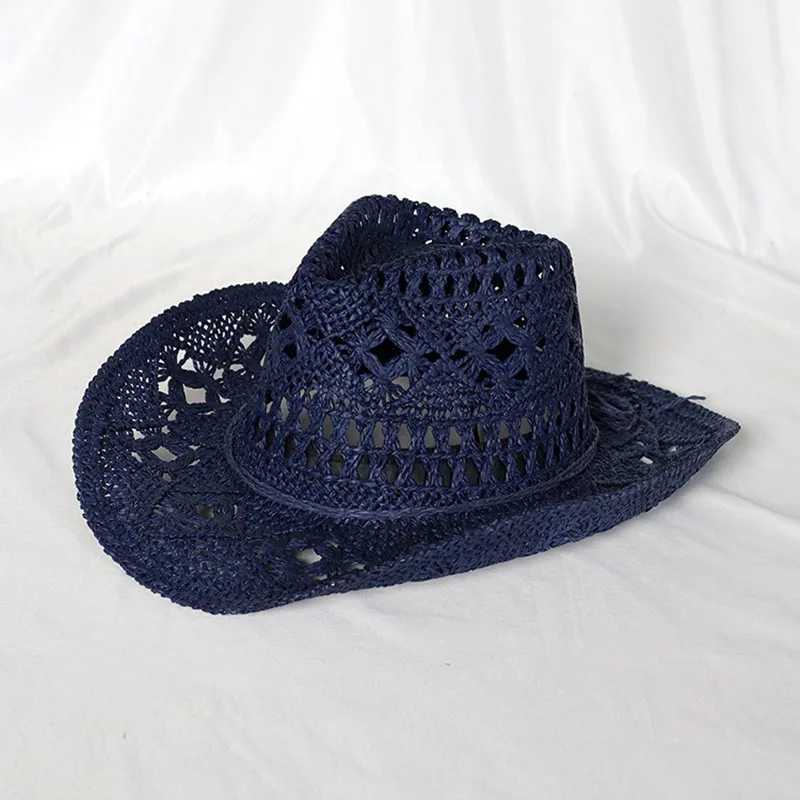 Cowboy hat fashion hollow handmade cowboy straw hat mens summer outdoor travel beach hat unisex solid color western cowboy hat X250329