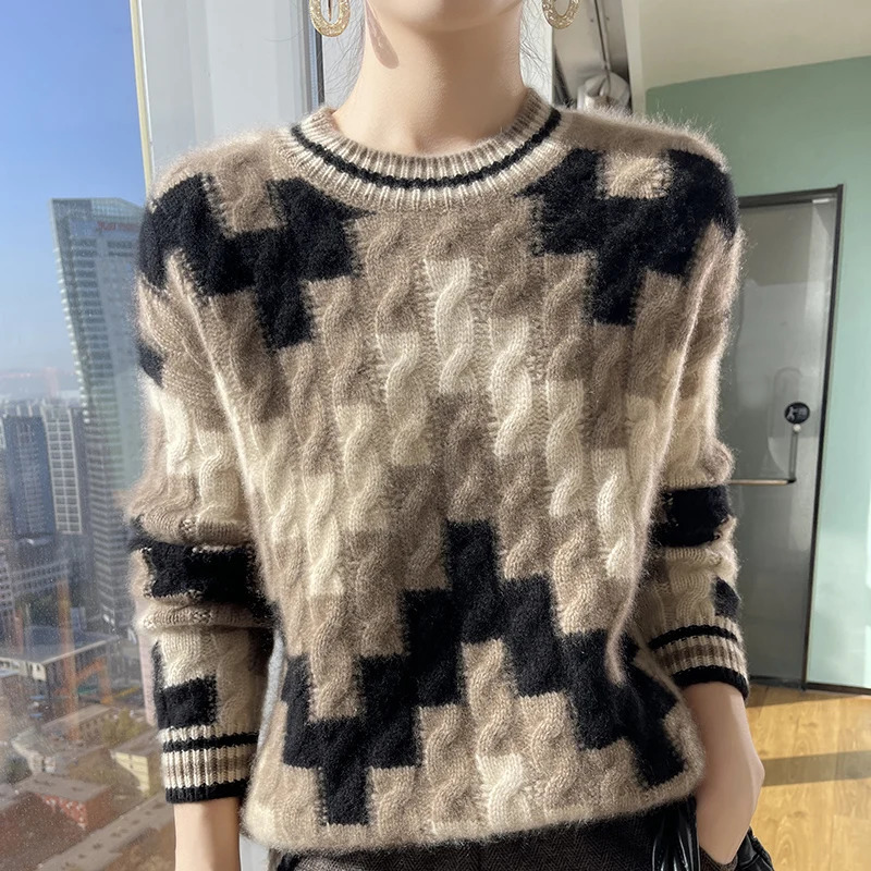 Autumn Winter Thick Round Neck Jacquard Womens Top 100% Pure Wool Knitted Sweater Long Sleeve Loose Chic Pullover Shirt 250108