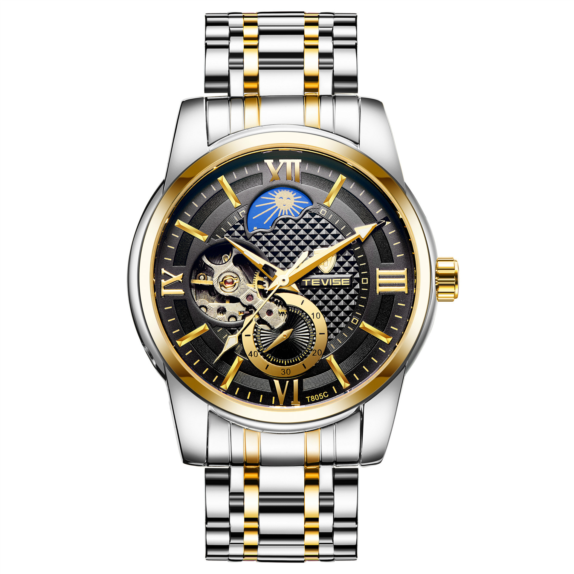 TEVISE Mens Automatic Mechanical Business Watch with Stainless Steel Strap Moonwatch Phase and Waterproof Function T046-T805C