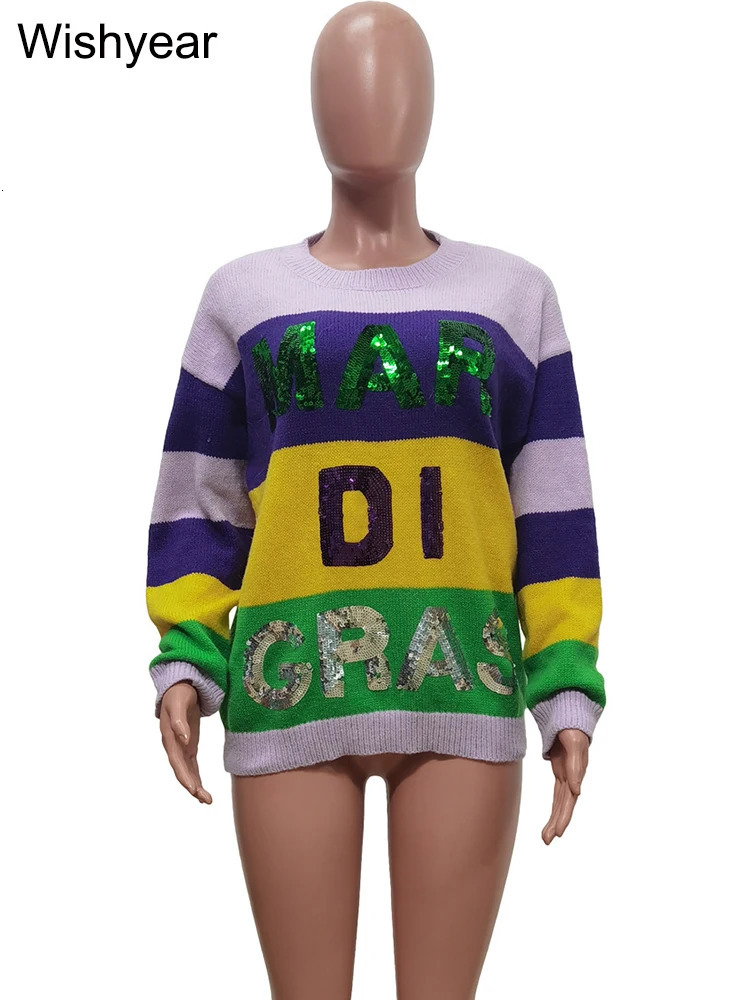 Elegant Sequin Letter Color Block Sweaters Women Loose Fit O Neck Long Sleeve Winter Knit Pullover Tops Fashion Streetwear 250108