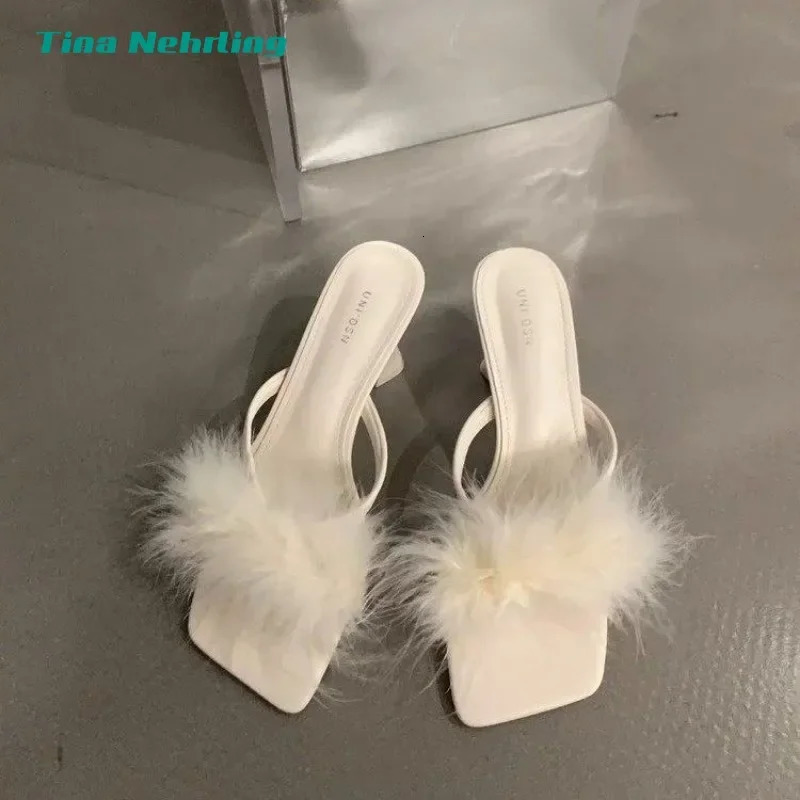 Women Slippers and Ladies Sandals Black Slides Vintage Feather Shoes Heeled Summer 2025 Furry Wedding Sexy Fuzzy Unique Slippers 250109