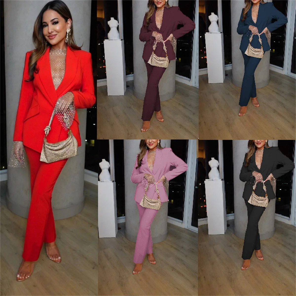 Woman Elegant Blazer Sets Autumn Fashion Womens Notched Collar Coat Pocket n Pants Set Work Commuting Two Piece Suit 250106