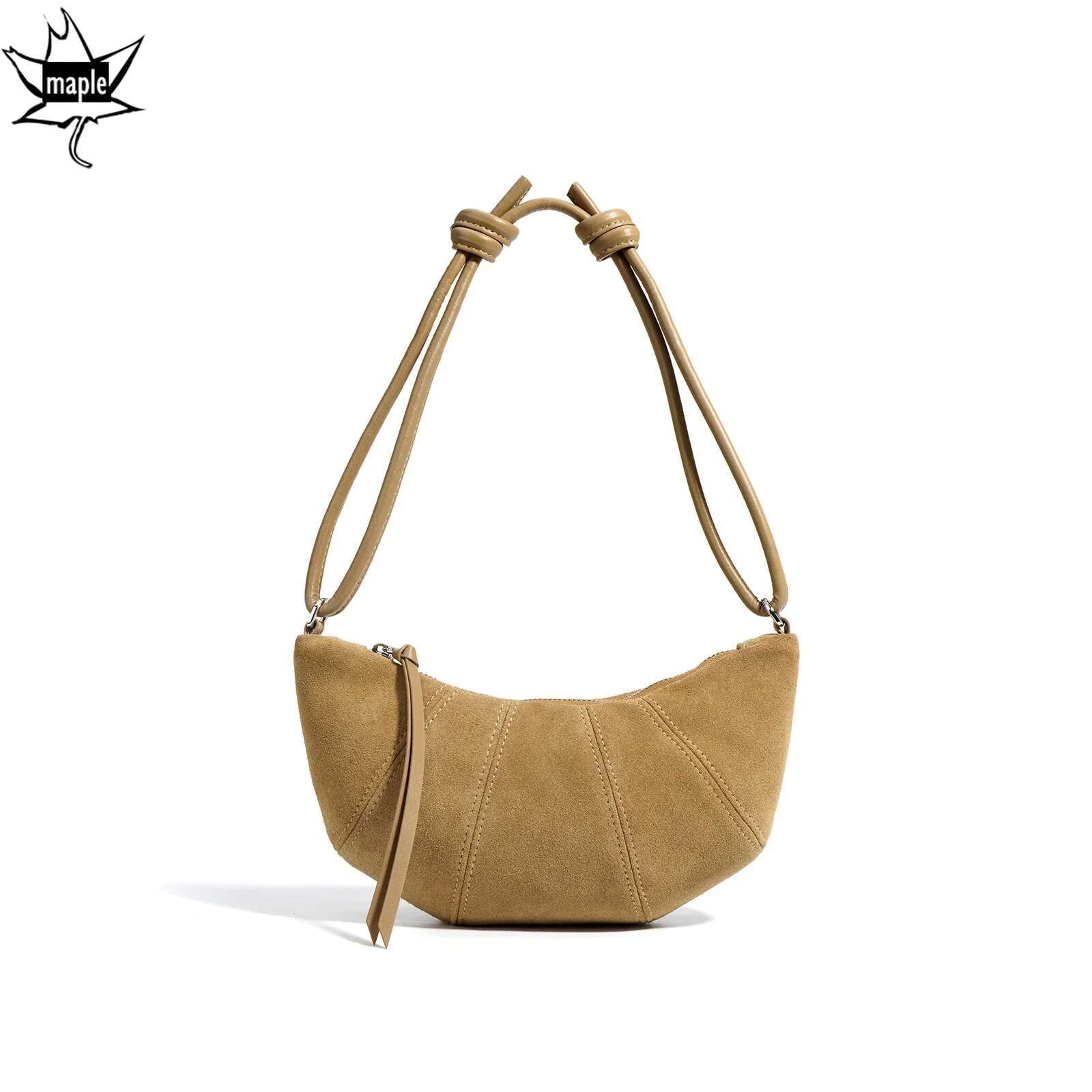 New Autumn Croissant Shape Women Crossbody Kakhi Real Suede Cow Leather Female Shoulder Bag Small Daily-Use Half-Moon Purse