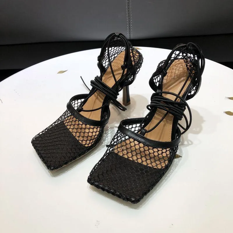 Summer Fashion Women's Square Toe Mesh Sandals Elegant Fishnet Design with 9cm High Heels