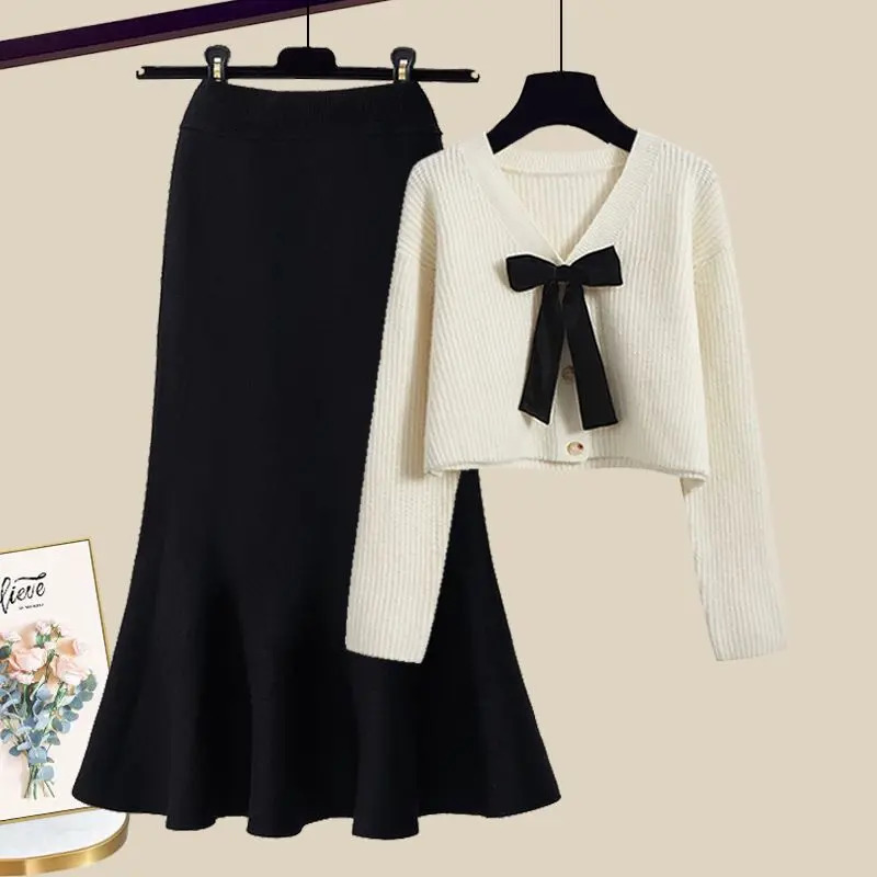 Large Womens Autumn and Winter Set Korean Sweetheart Style Slim Knitted Sweater Fish Tail Skirt Two Piece 250106