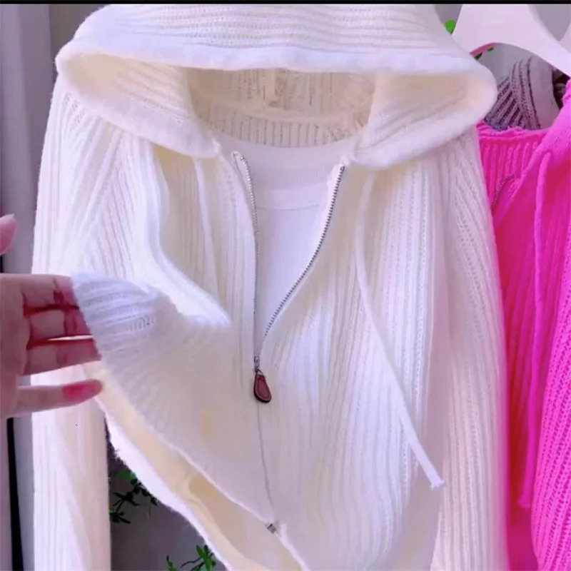 Pink Hooded Knitted Cardigan For Womens Autumn Loose And Stylish n Striped Short Sweater Zipper Jacket White Overcoat 250108