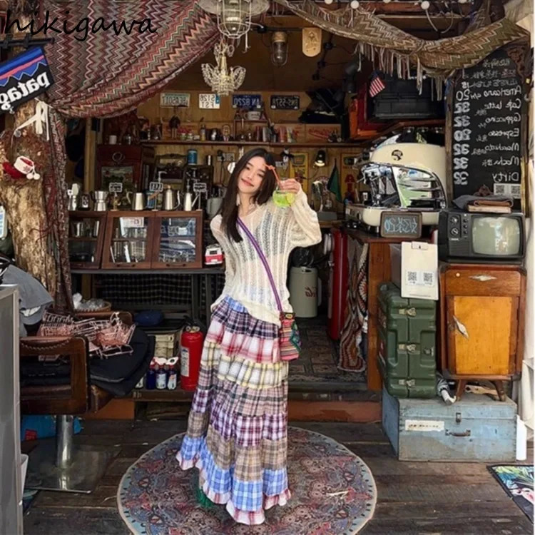 Colorful Plaid Printed Patchwork Skirt for Women Faldas Mujer De Moda High Waist Aline Print Jupe Loose Sweet Long Skirts 250106