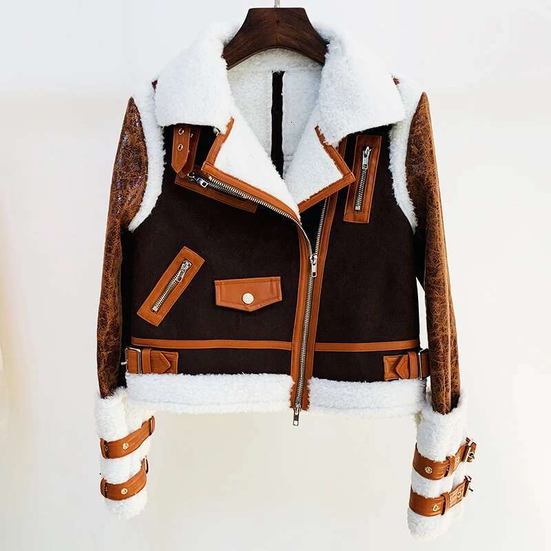 HIGH STREET Newest 2024 Winter Designer Women's Zippers Patchwork Synthetic Leather Fur Jacket Overcoat
