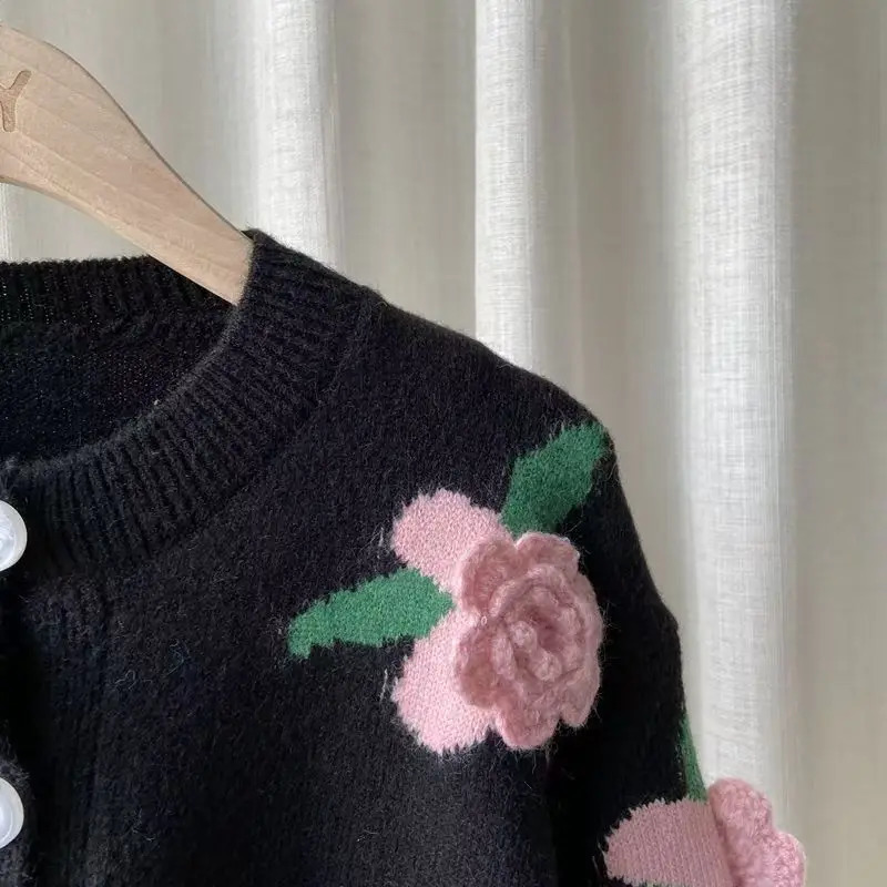 Casual Sweater Female Cardigan Women Loose Outer Coat Long Sleeve 3D Flower Round Neck Knitted 250108