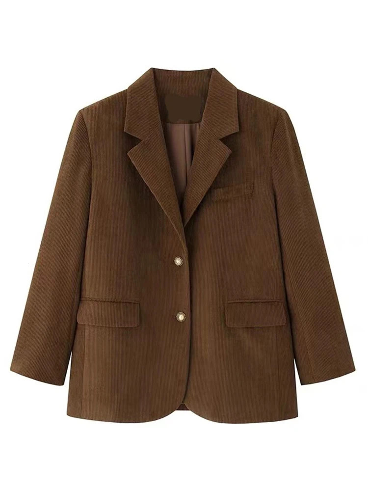 LANMREM Vintage Corduroy Womens Blazer Notched Collar Single Breasted Solid Color Loose Coat Fashion 2024 Spring 2AA4910 250109
