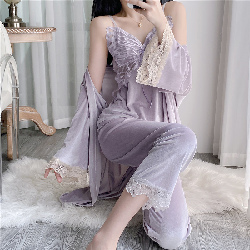 B634-Autumn and winter plus velvet thick warm coral fleece women's pajamas set spring and autumn winter 2024 new home clothes two-piece set