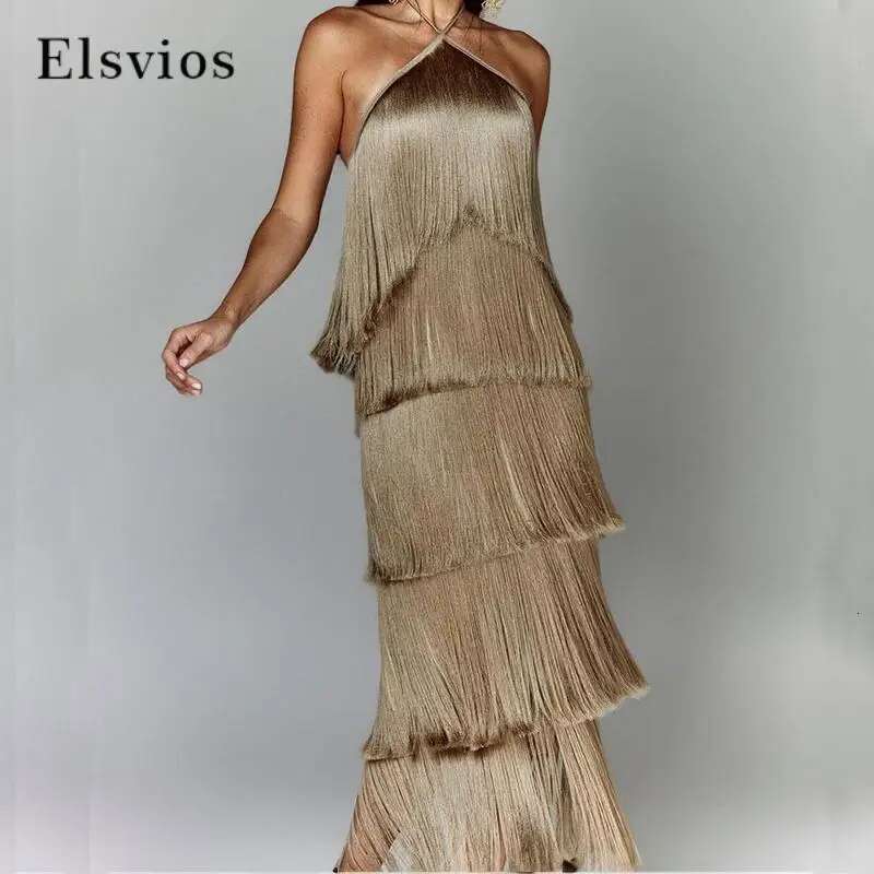 Fashion Layered Solid Color Ladies Sexy Off-Shoulder High Waist Slim Chic Club Party Fringed Sleeveless Long Dress