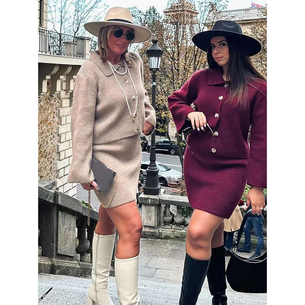 Women's Wear 2 Pieces Lapel Long Sleeve Single Breasted Cardigan Short Skirt Suit Elegant Solid Knitted Sets For Women Lady Slim Fall Suits