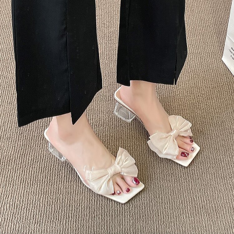 Women Slippers Fashion New Trendy High Heel Butterfly Knot Crystal Heel Sandals Triple Beige Free shipping
