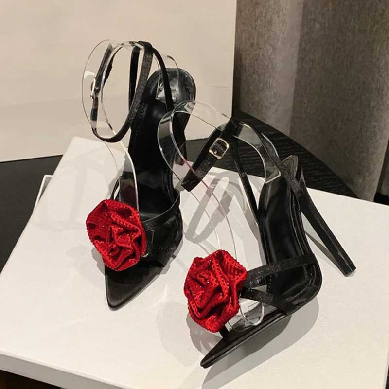 Summer Fashion Crystal Flower Women's 11.5CM Thin High Heels Gladiator Sandals Sexy Pointed Toe Wedding Banquet Shoes Blue 250110