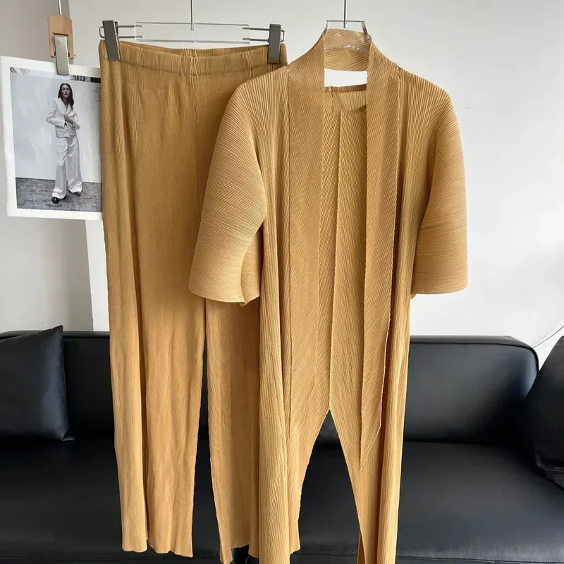 Miyake Pleated Solid Color Irregular Evening Dress Top and Pants Twopiece Set Personalized Fashion 250106