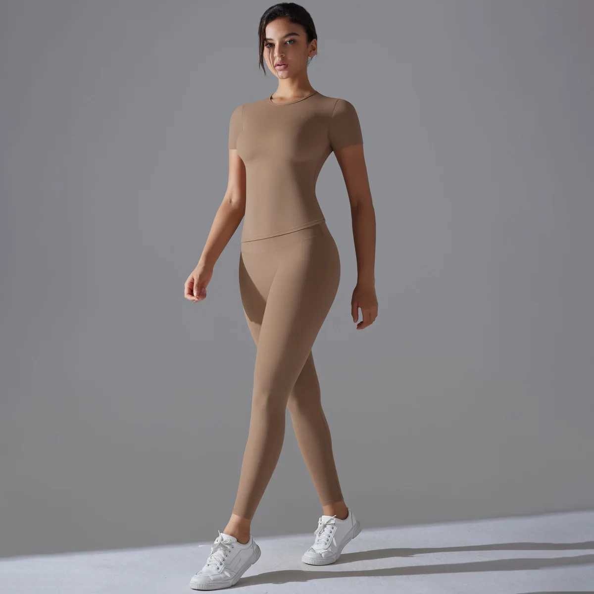 Seamless Gym Set Women Sportwear Short Sleeve Yoga Clothing Fitness Crop Top High Waist Leggings 2 Piece Workout Sports SuitsXJ250109