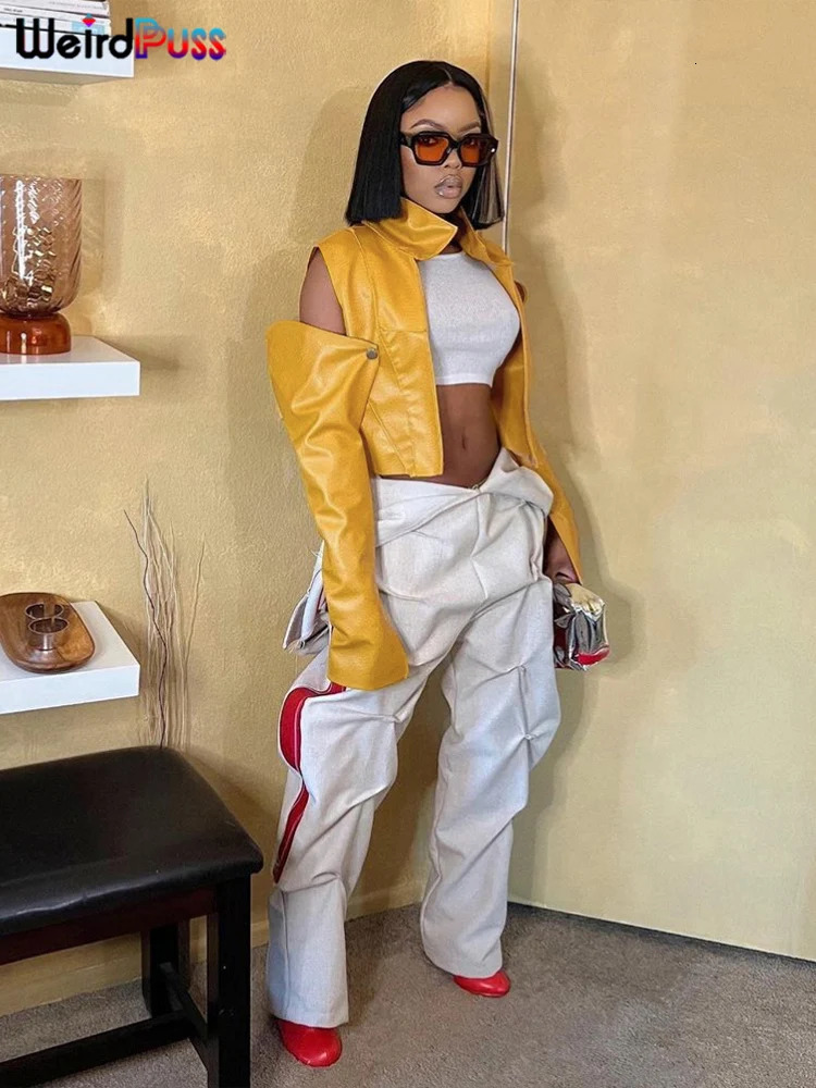 Weird Puss PU Hipster Crop Jacket Women Hollow Long Sleeve Cardigan Autumn Wild Basic Streetwear Patchwork Stripe Y2K Trend Coat 250109