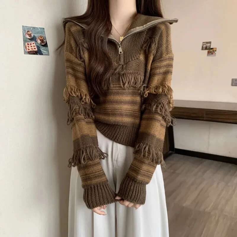 New Women's 2023 Autumn/Winter Elegant High Collar Stripe Tassel Ladies Knitted Pullover Loose Temperament Femme Sweater