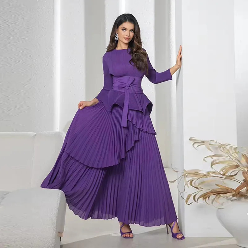 Women Pleated 2 Pieces Set Spring Holiday Bandage Belt Ruffles Stretch Irregular TopElastic Waist Long Skirt Suit Outfits 250106