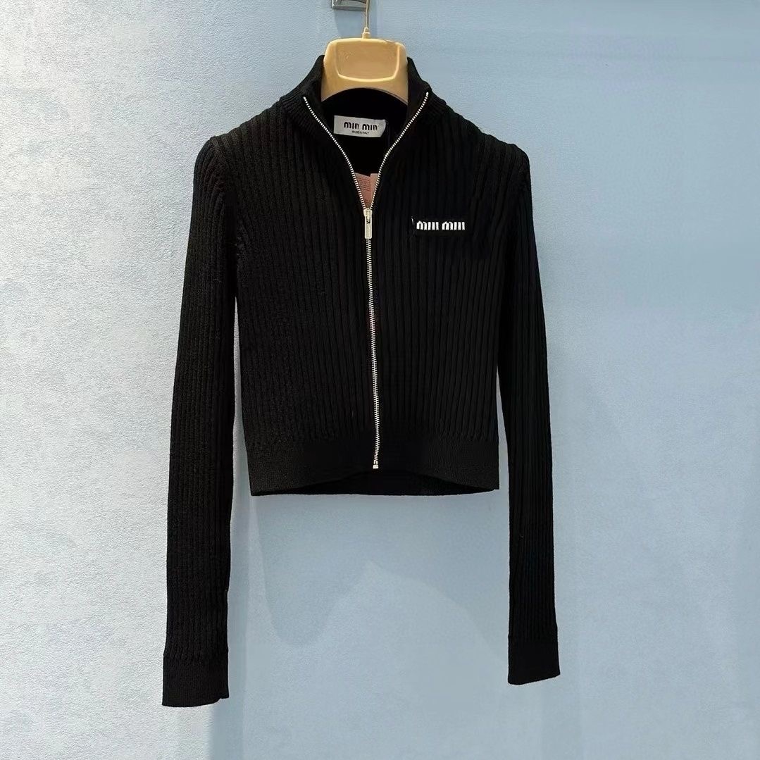 Autumn new mi 2025 lapel zipper knitted base sweater cardigan short versatile slim fit sweater long sleeved jacket